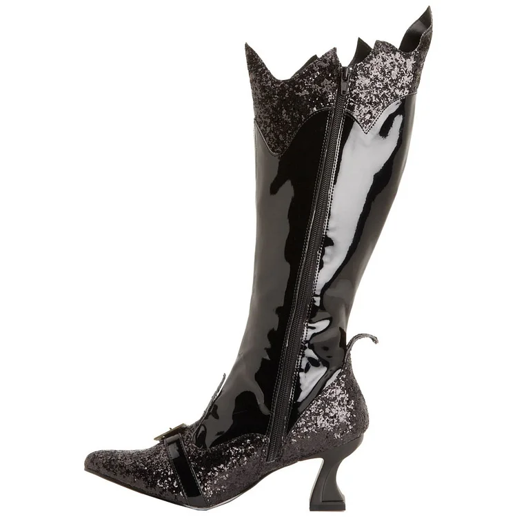 Women's Black Glitter Witch Costumes Halloween Zip Mid-calf Spool Heel Boots |FSJ Shoes