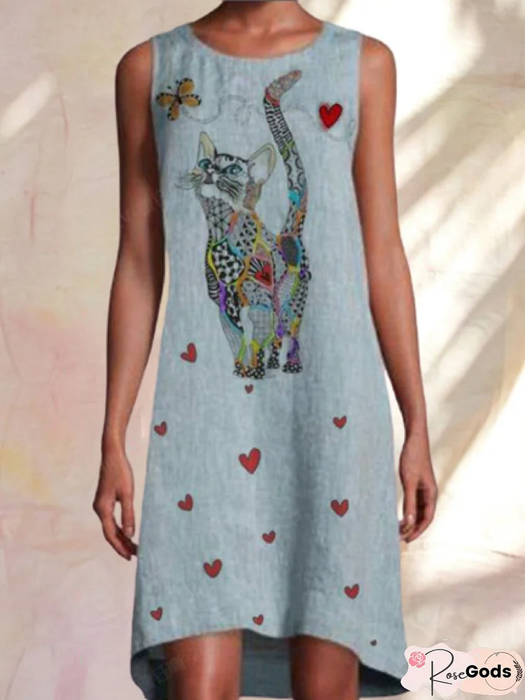 Cotton Vintage Cat Printed Midi Women Dress