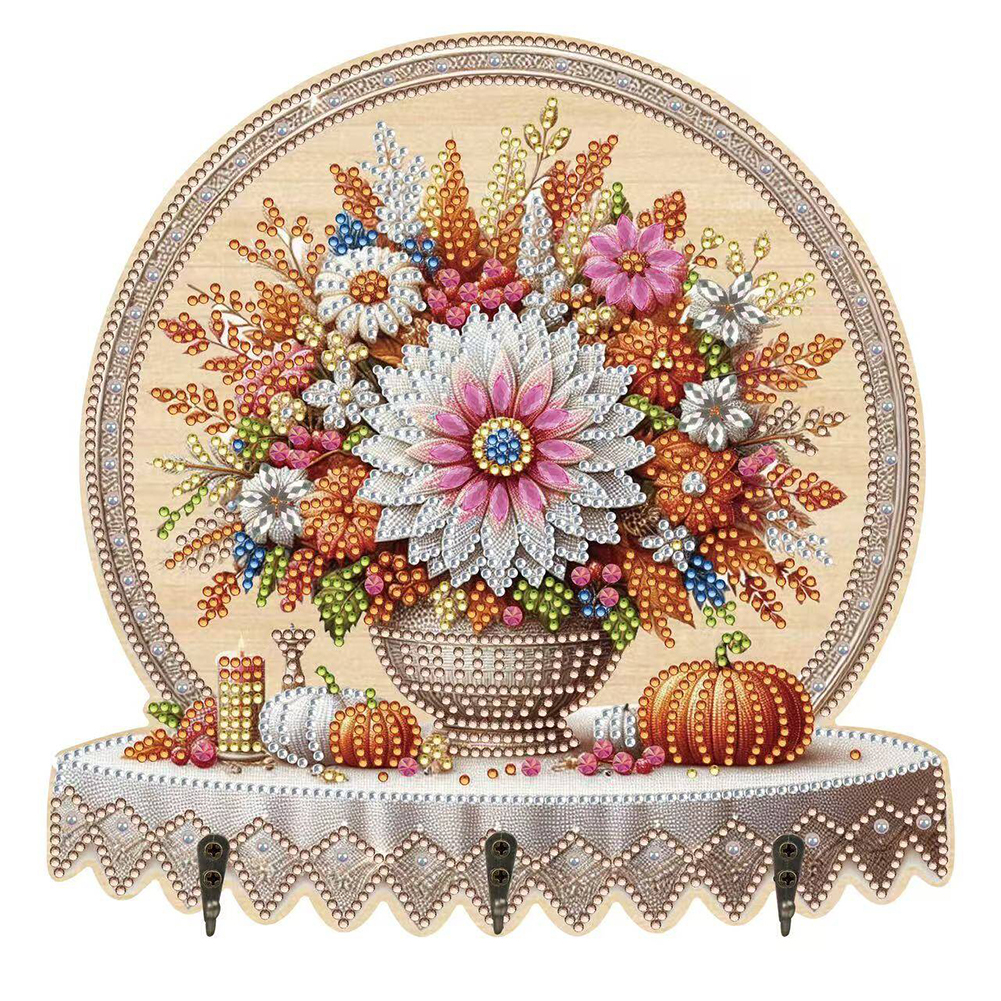 Wooden Bouquet Vase Diamond Art Craft Wall Hooks A Row of 3 Hooks for Beginners