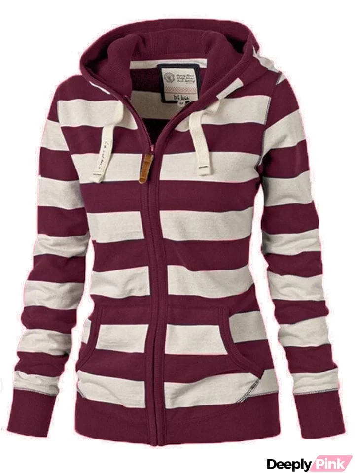 Casual Style Striped Zipper Pocket Drawstring Hooded Sweatshirt