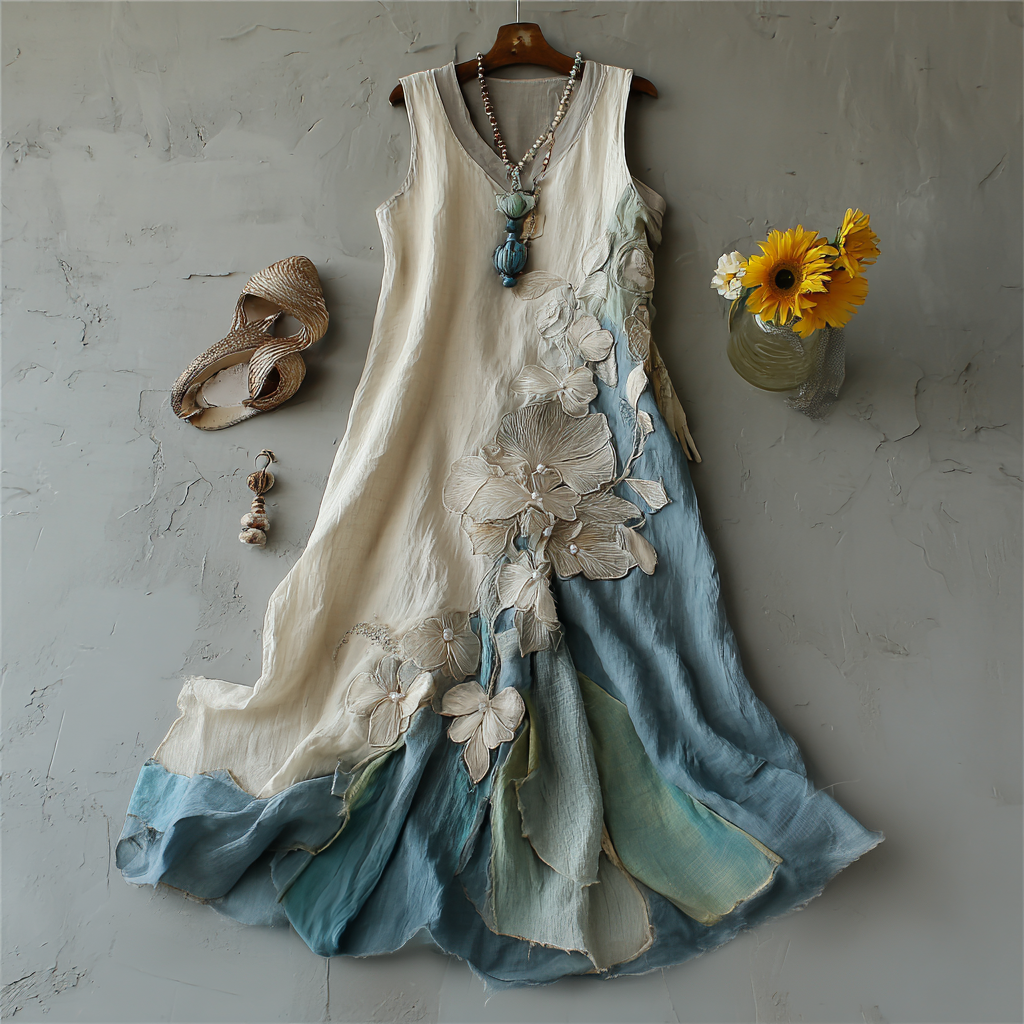 Women's Vintage Floral Embroidery Ombre Linen Dress