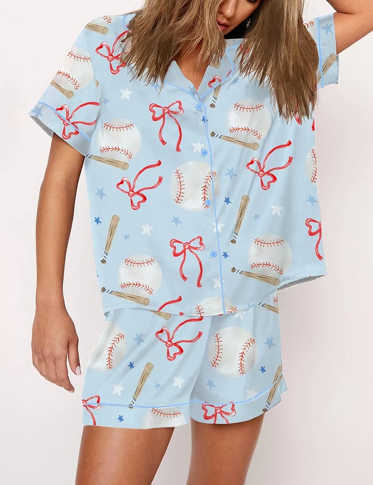 Women&rsquo;s Coquette Baseball Short Sleeve Satin Pajama Set