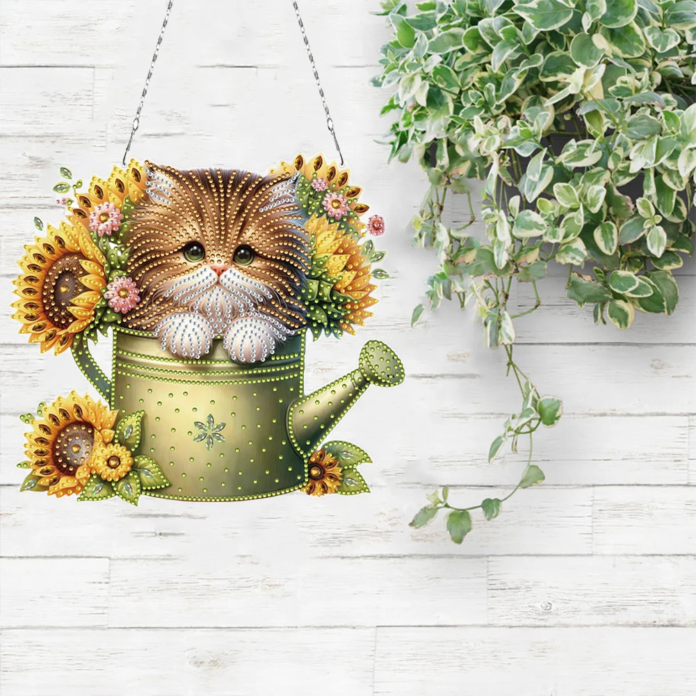 2D Flat DIY Diamond Art Pendant Window Hanging Art for Home Decor (Kettle Cat)