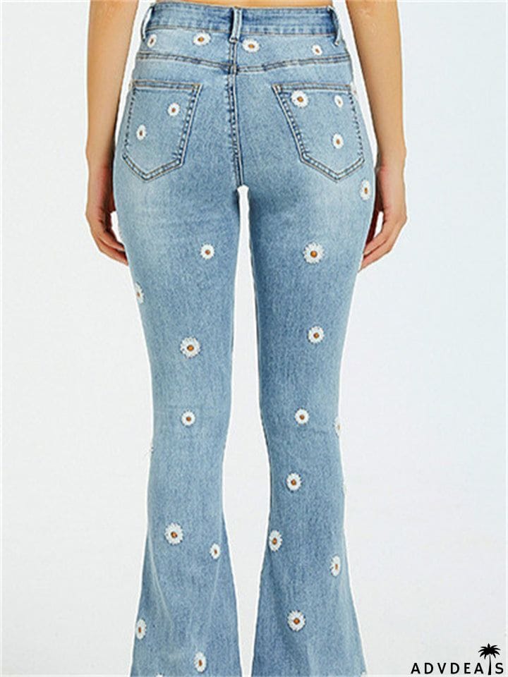 New Full Length Flower Embroidered Flare Denim Pants