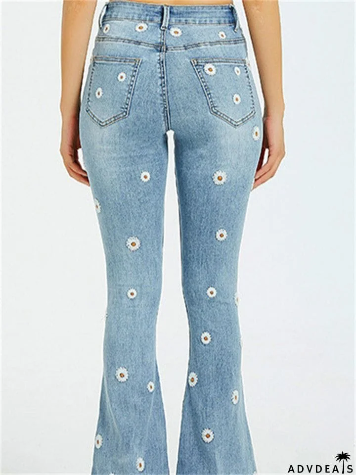 New Full Length Flower Embroidered Flare Denim Pants
