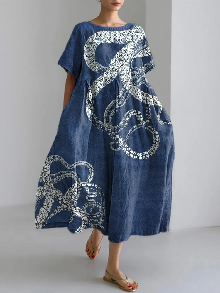 Vintage Octopus Print Linen Blend Dress
