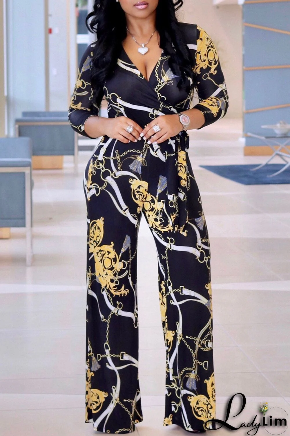 Tibetan Blue Fashion Casual Print Patchwork V Neck Regular Jumpsuits