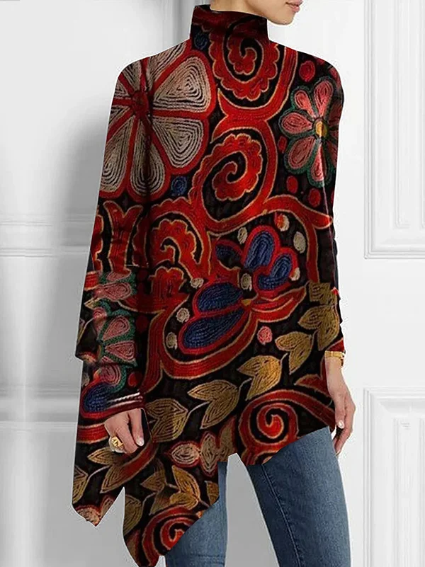 Long Sleeves Loose Floral Printed High Neck T-Shirts