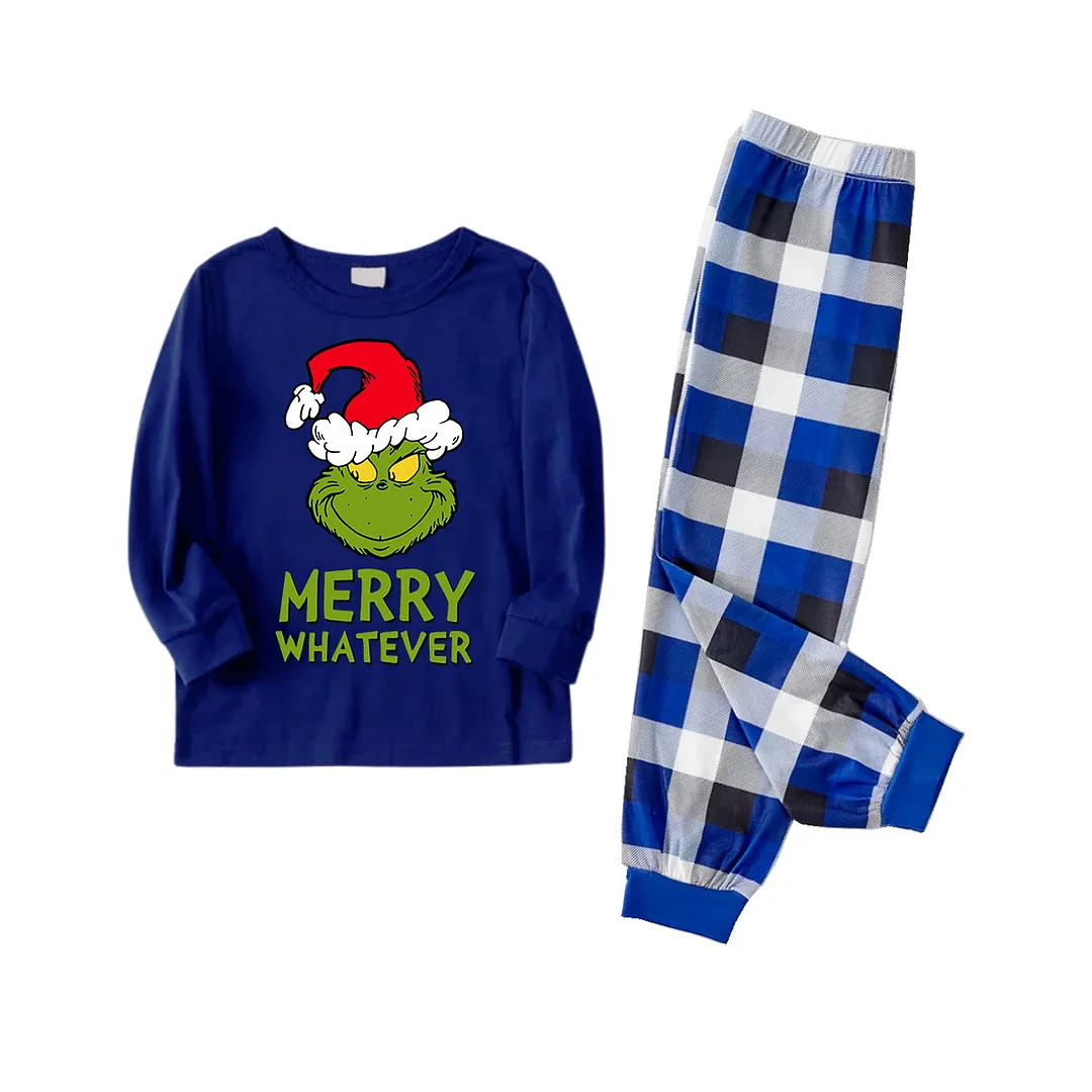Wear Santa Hat Green Elf Cartoon Pattern "Merry Christmas" Lettering Print Contrast Blue Long Sleeve with Versatile Blue and White Plaid Pants Family Matching Pajamas