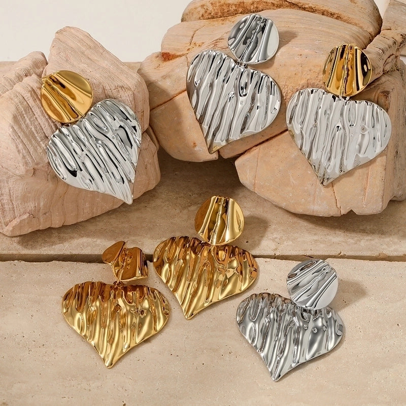 316 Stainless Steel New Gold And Silver Color Matching Heart Earrings And Necklace Set Fashion Exaggerated Irregular Pleated Heart-Shaped Jewelry Set