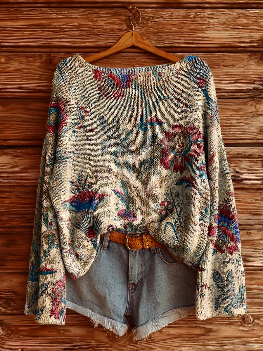 Women's Vintage Folk Flowers Art Pattern Print Casual Pullover Sweater