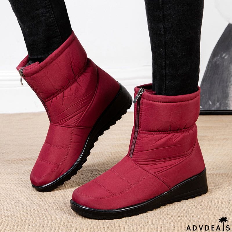 Waterproof Front Zipper Plush Ankle Boots