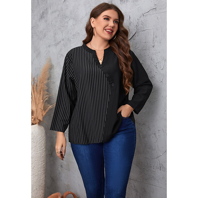  thdmladies Plus Size Solid Striped Long Sleeve Top thedmladies