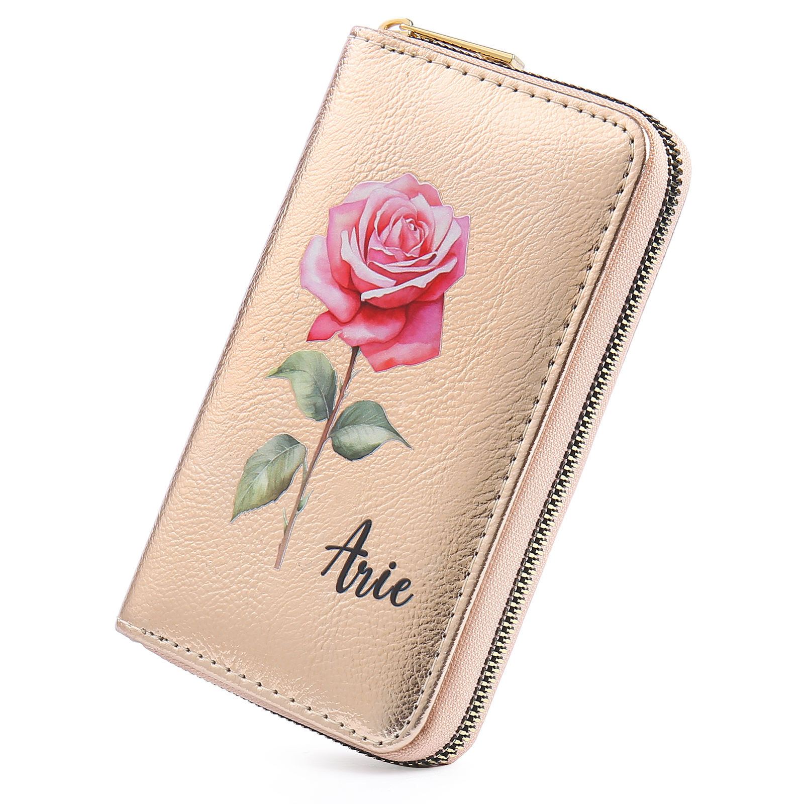 Portafoglio in PU pelle con 1 fiore di nascita & 1 nome personalizzati per mamma/nonna