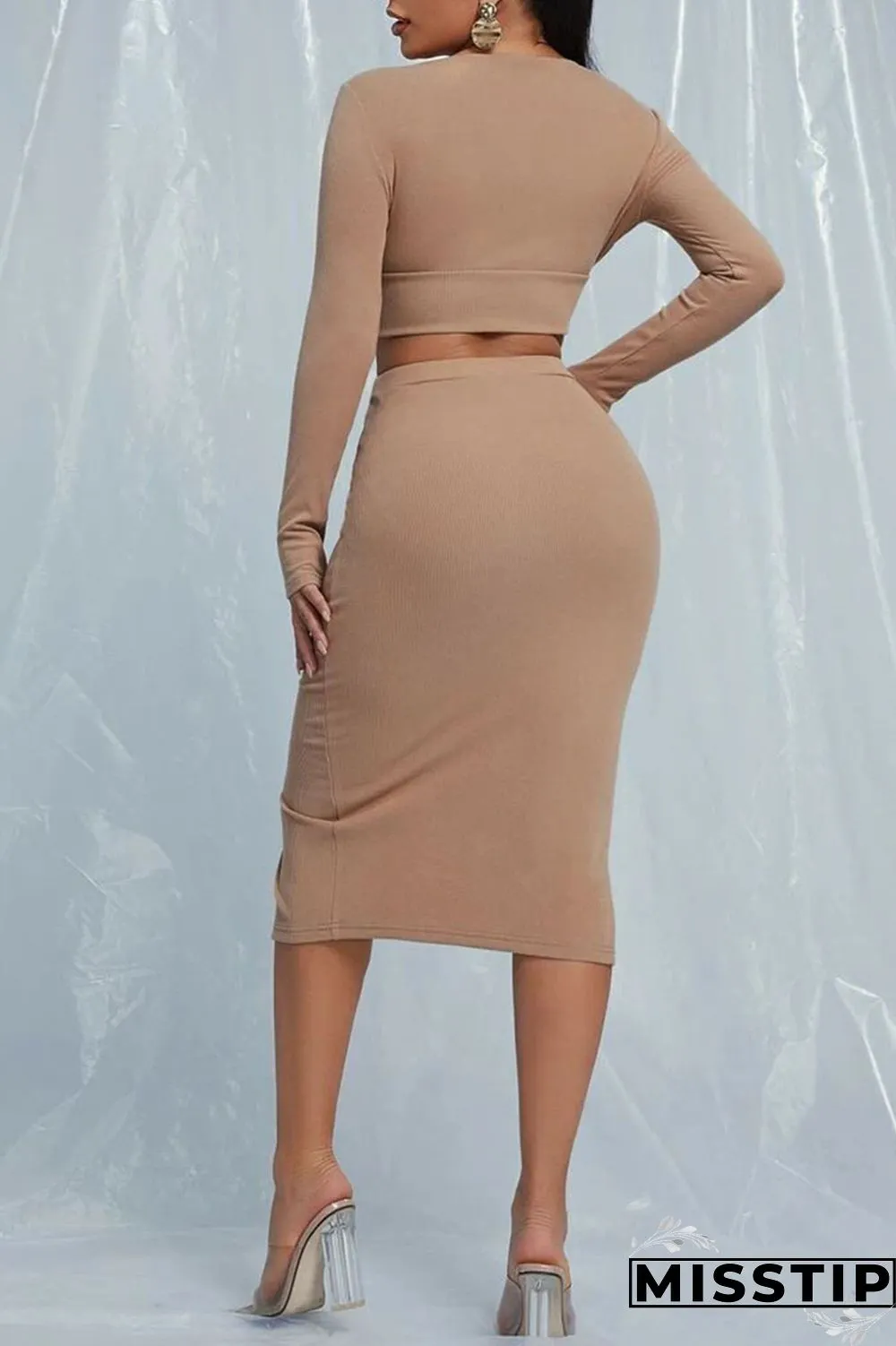 Khaki Elegant Solid Patchwork Slit Square Collar Long Sleeve Two Pieces