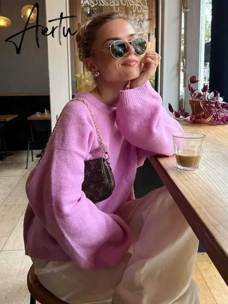 Aiertu Casual Knitted Sweater For Women 2024 Spring Autumn Long Sleeve O-neck All-match Pullover Female Fashion Streetwear Sweaters Aiertu