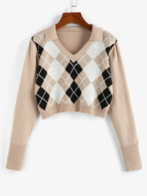 Argyle V Notch Crop Sweater