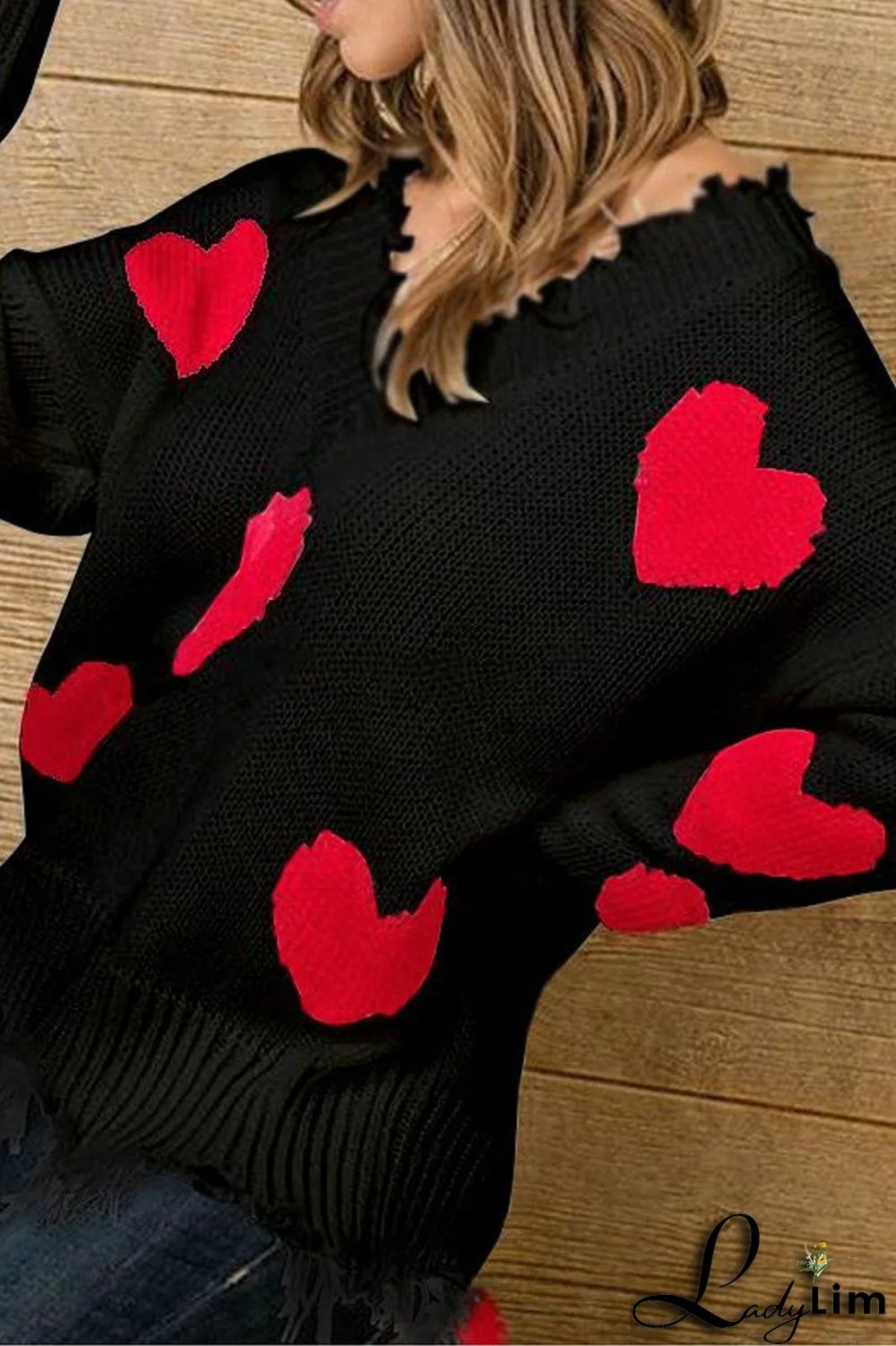 V-Neck Distressed Hearts Casual Sweater