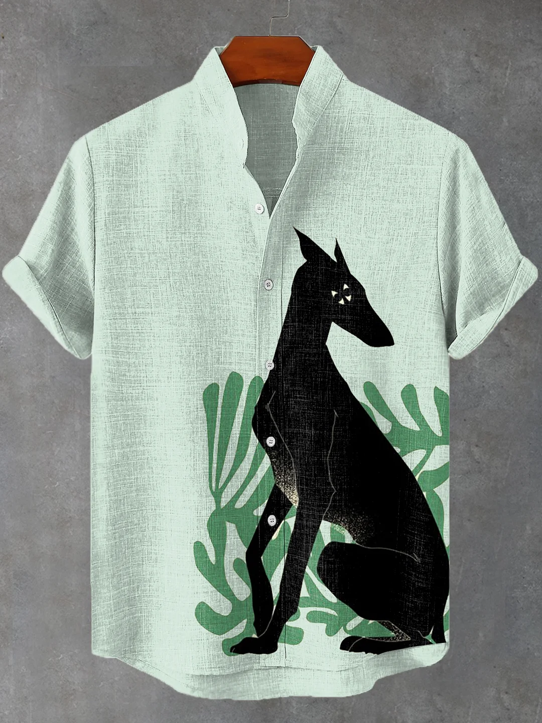 Men's Boho Mysterious Black Dog Art Print Linen Blend Shirt