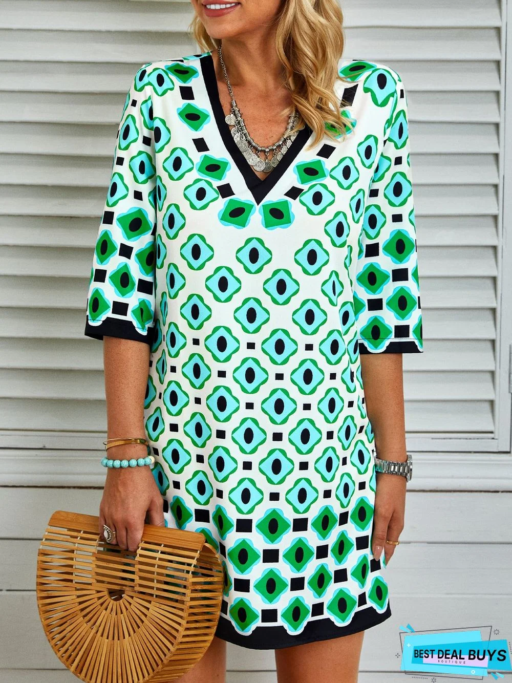 Vacation Geometric V Neck Cotton-Blend Short Tunic Dress