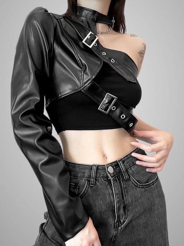 Gothic Dark Street One Shoulder Belt Solid PU Midriff