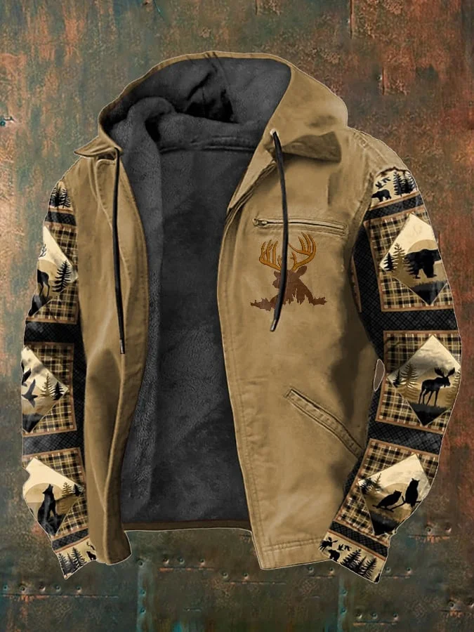 Men's Western Style Vintage Elk Plush Multi-Pocket Jacket