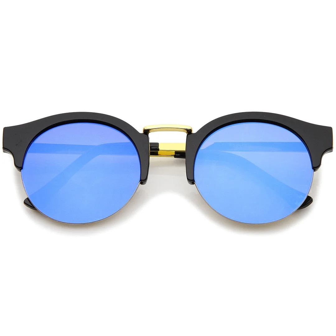 Semi-Rimless Metal Nose Bridge Trim Color Mirror Lens Round glasses 51mm