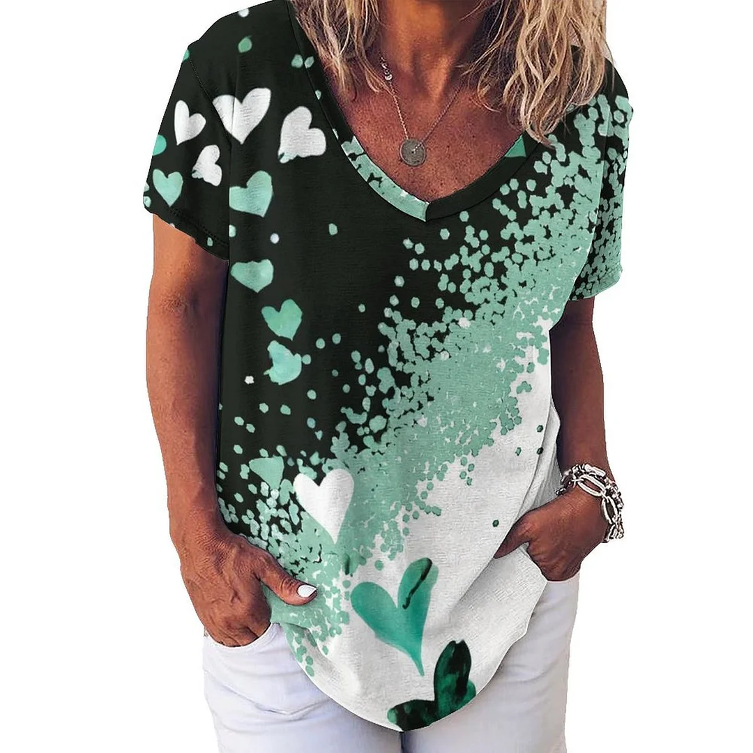 V-neck Short Sleeve Casual T-shirt for  Women Printed with Pattern Butterfly, Green, Dark Green
