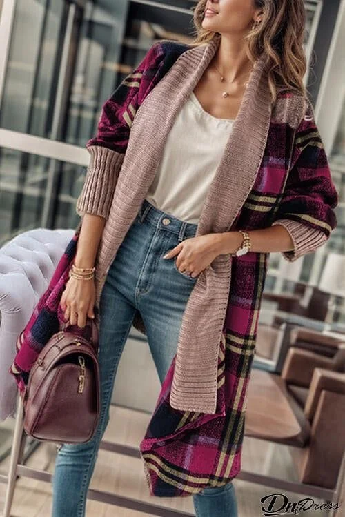 Plaid Open Front Long Sleeve Cardigan