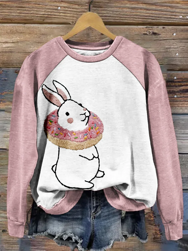 VChics Donut Bunny Embroidery Art Contrast Comfy Sweatshirt