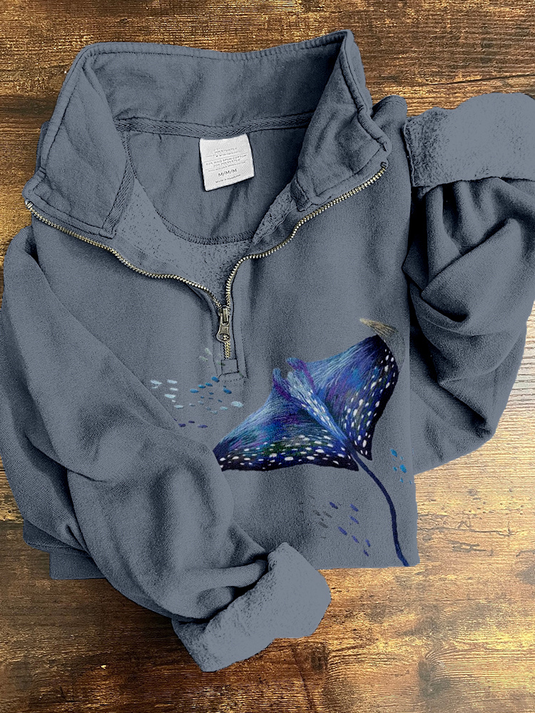 Manta Ray Embroidery Art Pattern Zip Up Cozy Sweatshirt wearshes