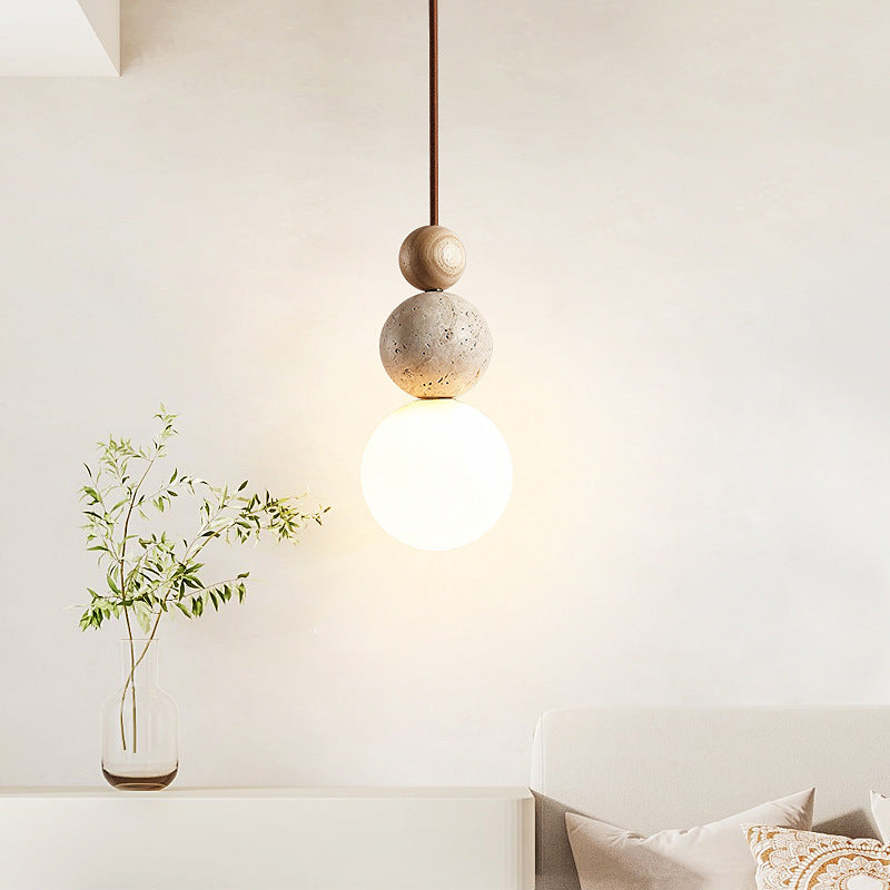 Traditional Vintage Spherical Multi Tier Solid Wood Yellow Travertine Glass 1-Light Pendant Light For Bedroom