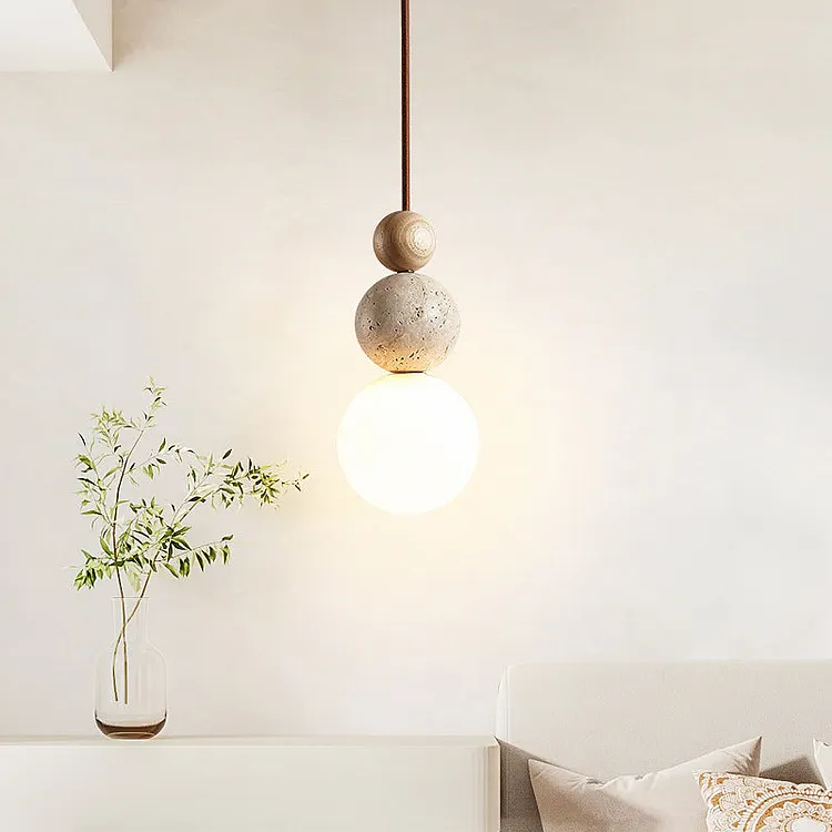 Traditional Vintage Spherical Multi Tier Solid Wood Yellow Travertine Glass 1-Light Pendant Light For Bedroom