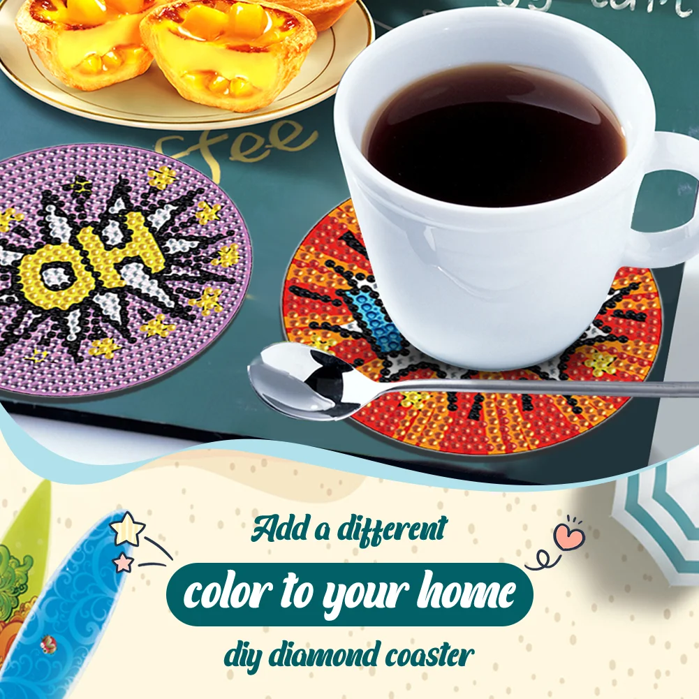 8pcs DIY Dynamic Word Picture Acrylic Diamond Art Coaster Kaleidoscope Round Diamond Painting DIY Coaster