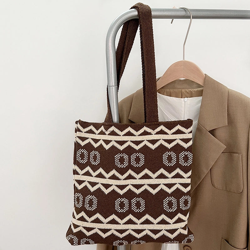 Women’s Knit Stripe Classic Style Weave Square Open Shoulder Bag Handbag