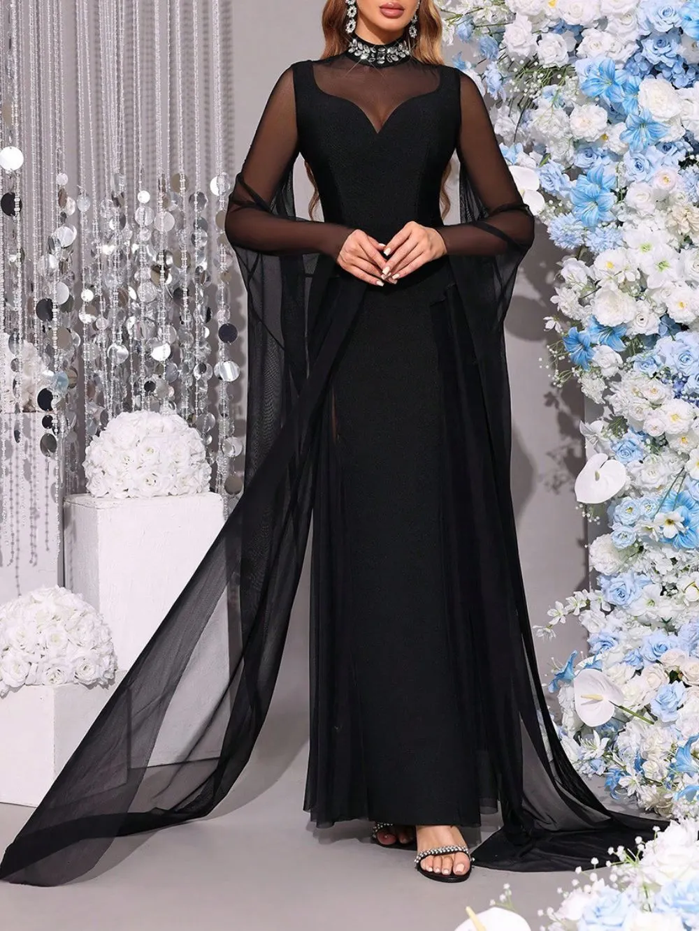 Fashionslee Women Merlin Black Mesh Maxi Dress