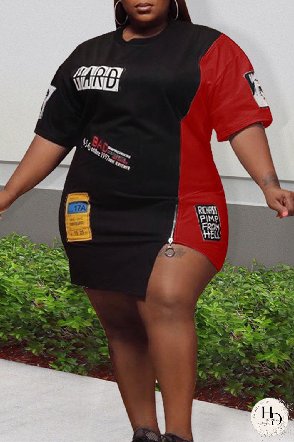 Black Red Fashion Plus Size Print Patchwork Zipper O Neck Short Sleeve Dress