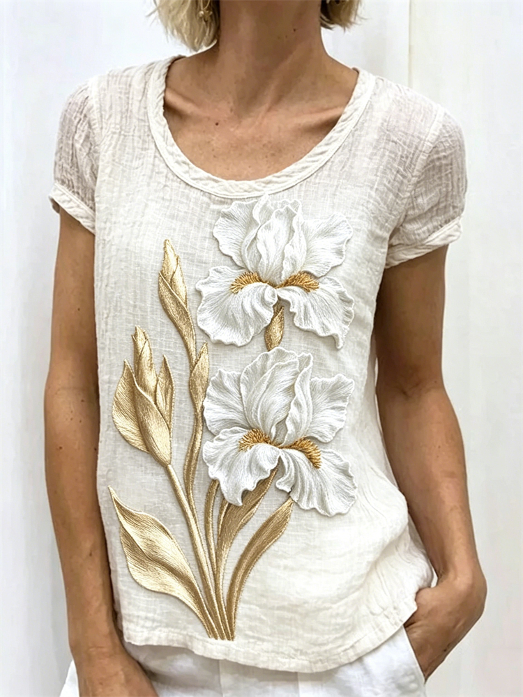 Vintage White Irises Art Linen T Shirt elevenforest