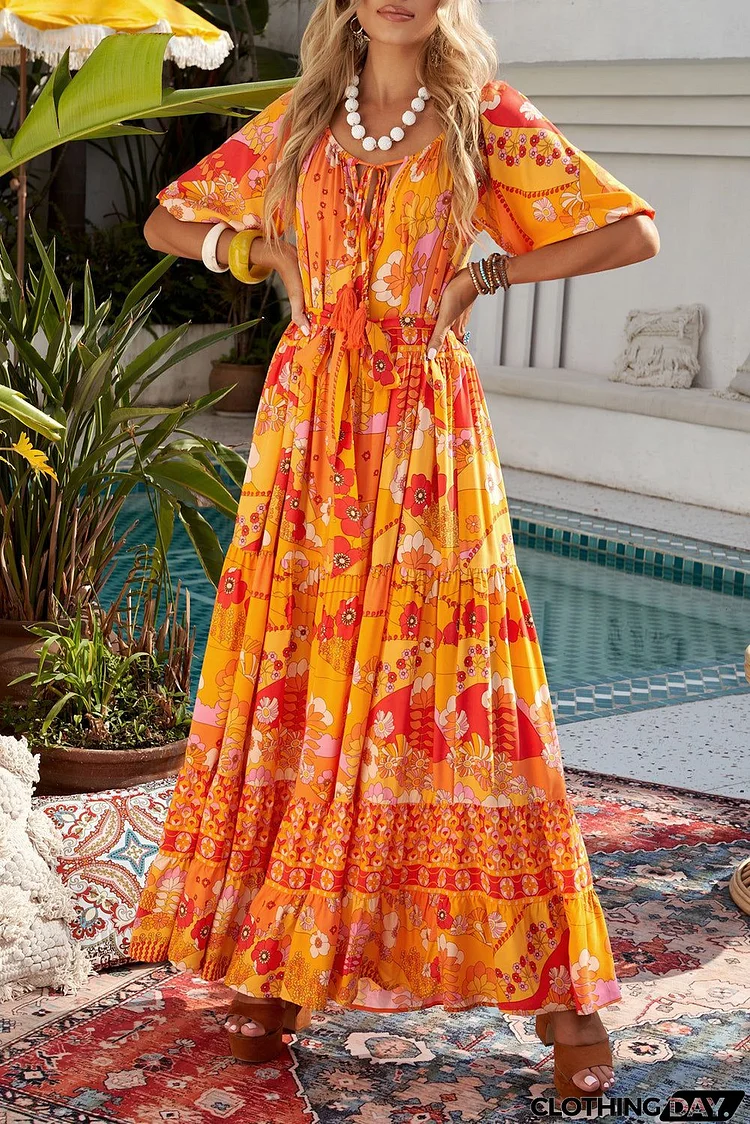 Orange Boho Floral Long Dress
