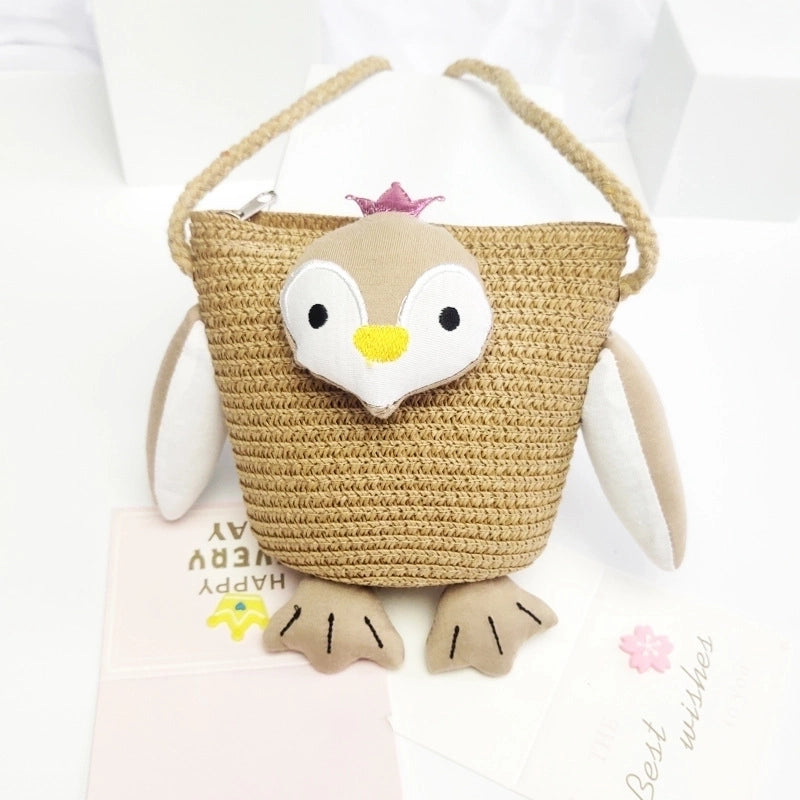 Kid’s Straw Animal Bear Cute Square Zipper Crossbody Bag Straw Bag Coin Purse