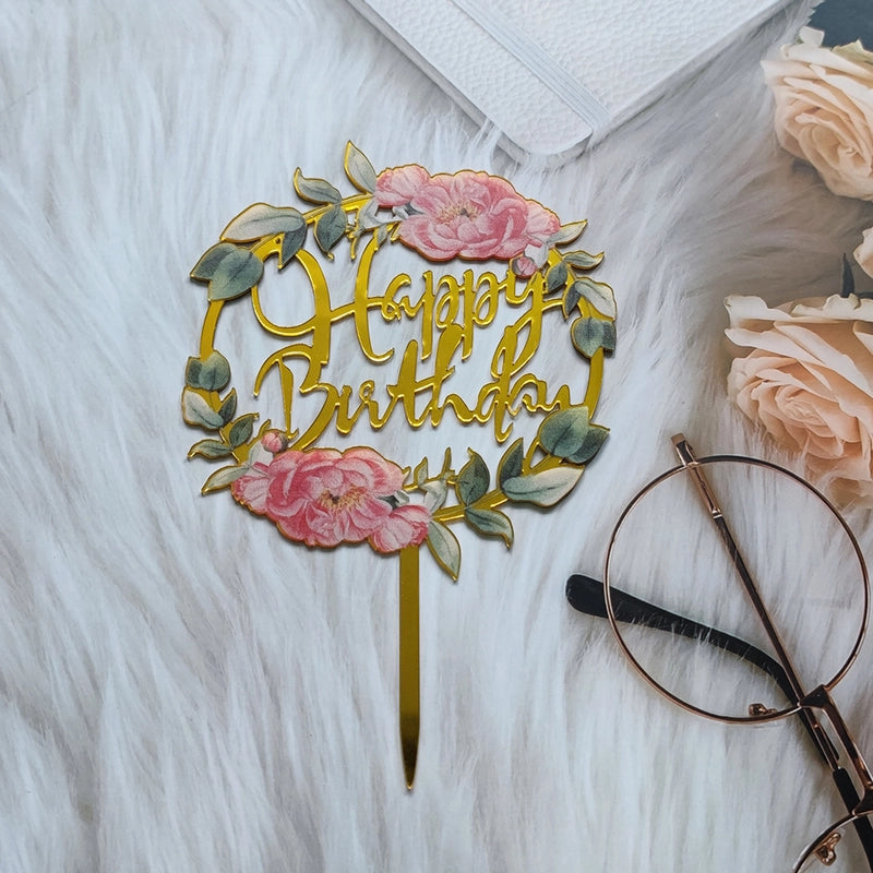 Acrylic Cake Topper Ins Style Floral Uv Color Printing Happy Birthday Dessert Decoration Plugin