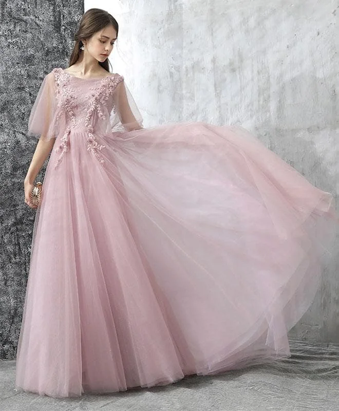 Elegant Pink Lace Tulle Long Prom Dress, Tulle Evening Dress