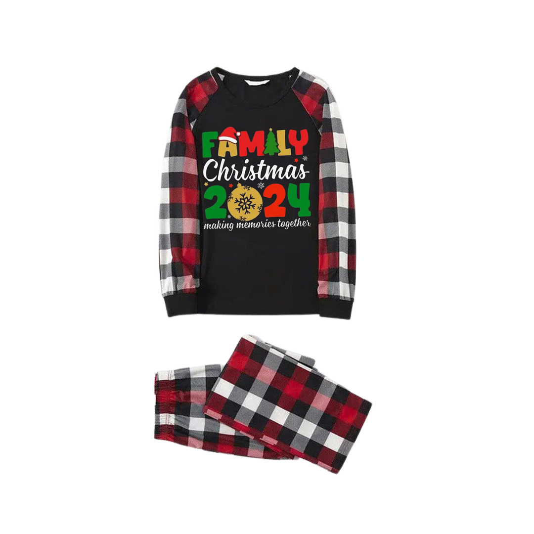 "FNMILY Christmas 2024 "Colorful Text Printed Pattern Black Top with Red&Black&White Plaid Sleeves Family Matching Pajamas