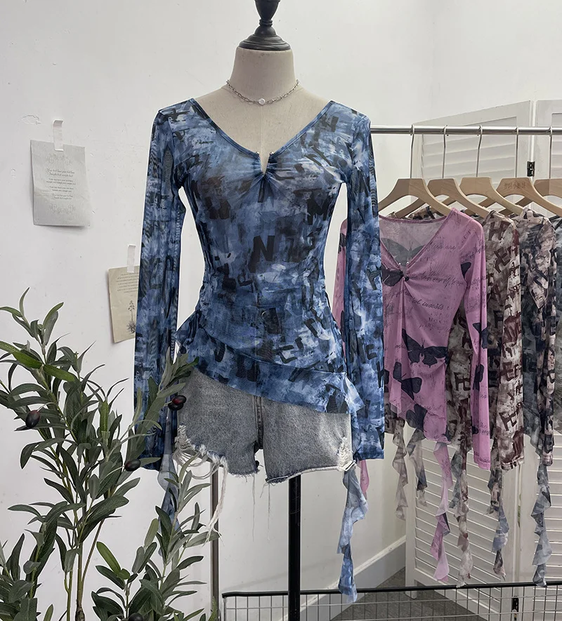 Churchf Dizziness Printing Mesh T-Shirt T-Shirt Irregular Lotus Leaf Side Ribbon Short Coat 9927