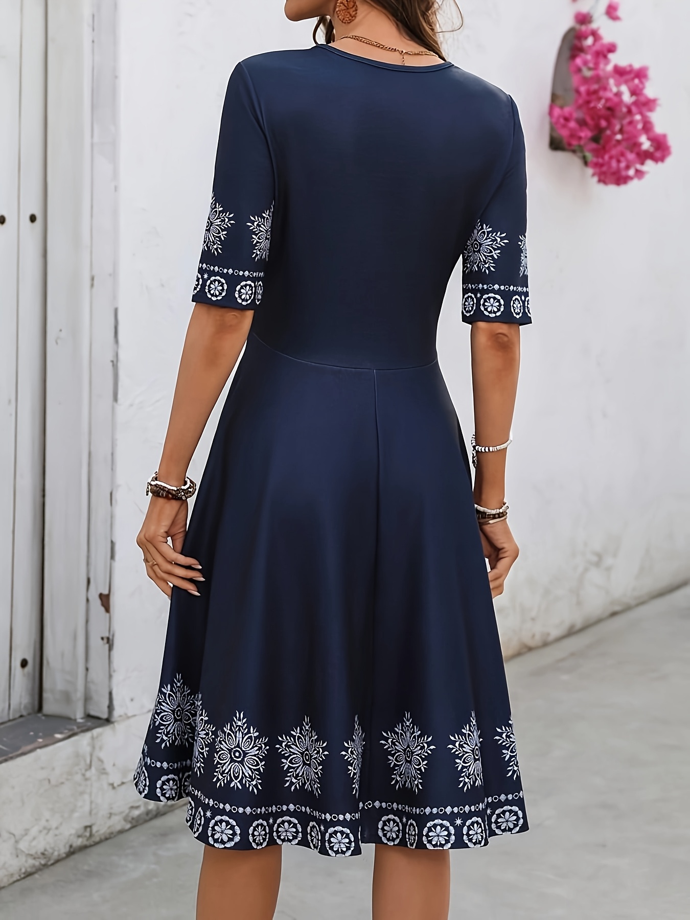 Elegant Navy Blue Floral Print Midi Dress For Women - Round Neck, Short Sleeve, A-Line Silhouette With Lace Detailing, Perfect For Spring & Fall, Floral Print Dress