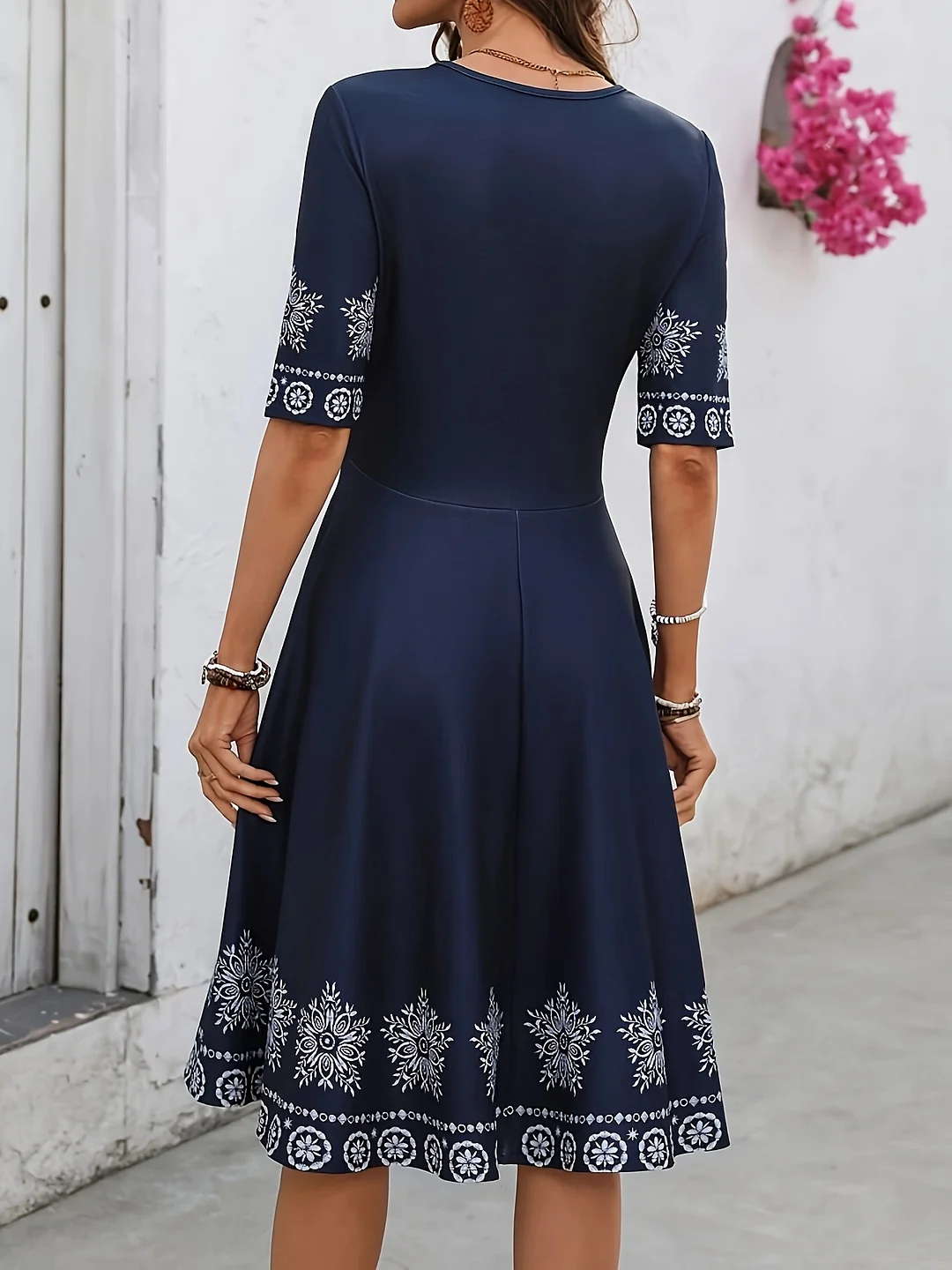 Elegant Navy Blue Floral Print Midi Dress For Women - Round Neck, Short Sleeve, A-Line Silhouette With Lace Detailing, Perfect For Spring & Fall, Floral Print Dress
