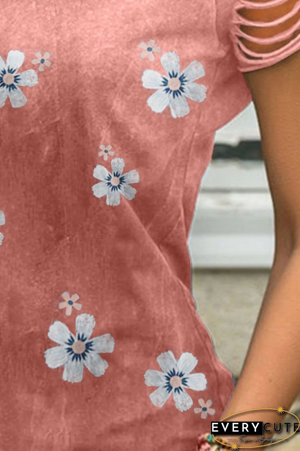 Red Floral Print Cut Out Short Sleeve T Shirt