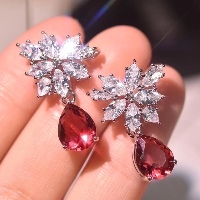 Fashion New Inlaid Water Drop Pear-shaped Red Zircon Copper Earrings