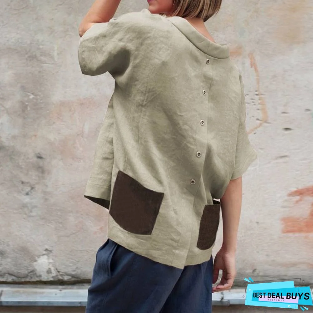 Oversized Vintage Cotton Tops Women Blouses Short Sleeve Buttons Casual Shirts Pockets Loose Tops