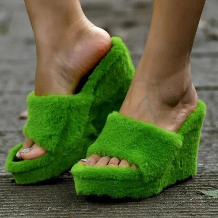 Women's Peep Toe Plush Platform Wedge Slippers Winter Fashion Indoor Shoes